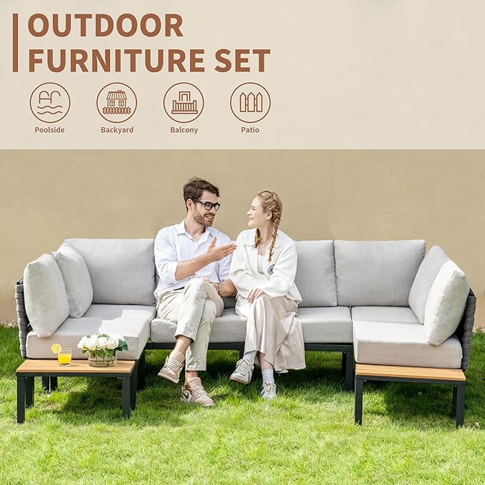 PIZZELLO 8-Piece Outdoor Patio Furniture Set All-Weather Outdoor Conversation Set w/ 6" Ultra Thick Cushions and 2 Coffee Tables, Adjustable Modular Sectional Sofa for Porch, Balcony, Beige