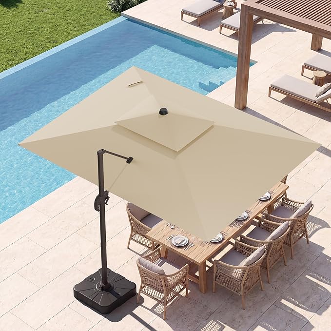 10x13 FT Patio Umbrella with Base, Large Cantilever Rectangular Double Top Heavy Duty Offset Umbrellas with 360° Rotation, Outdoor shade for Garden Deck Pool Patio, Beige