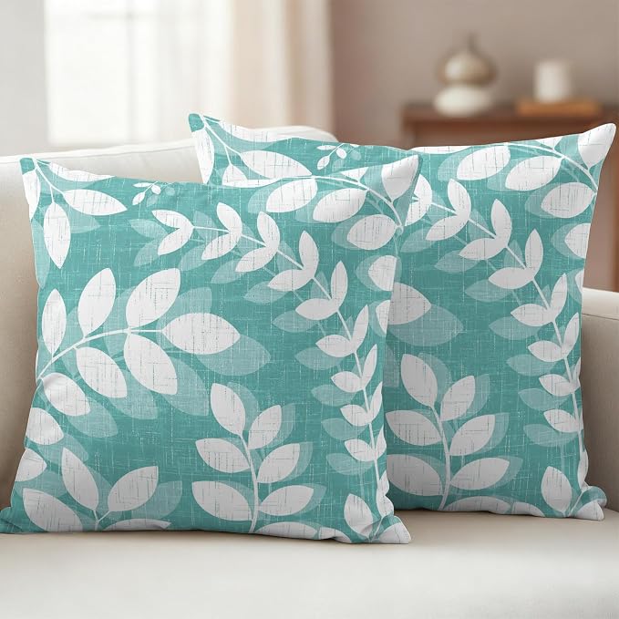 Teal Green Leaves Outdoor Waterproof Throw Pillow Covers 18x18 Set of 2, Farmhouse Botanical Branch Vintage Boho Leaf Decorative Pillowcases Cushion Pillowcase for Couch Sofa Patio Pillow Protector
