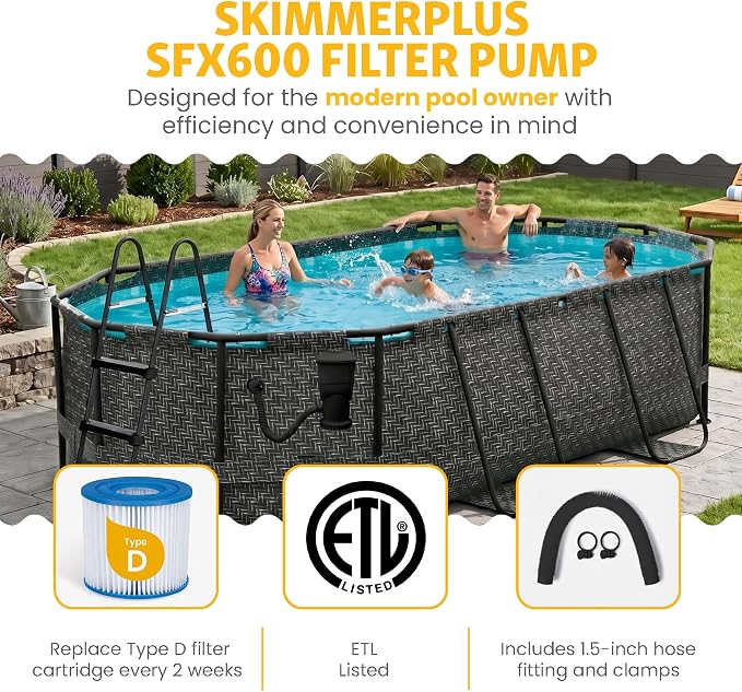 Funsicle Oval Oasis Designer 13'11" x 8'2" x 39.5" Above Ground Swimming Pool, with FiltraBoost Filter 800 GPH Pump with AutoSkimmer, Ladder & Type D Filter Cartridge, Dark Herringbone