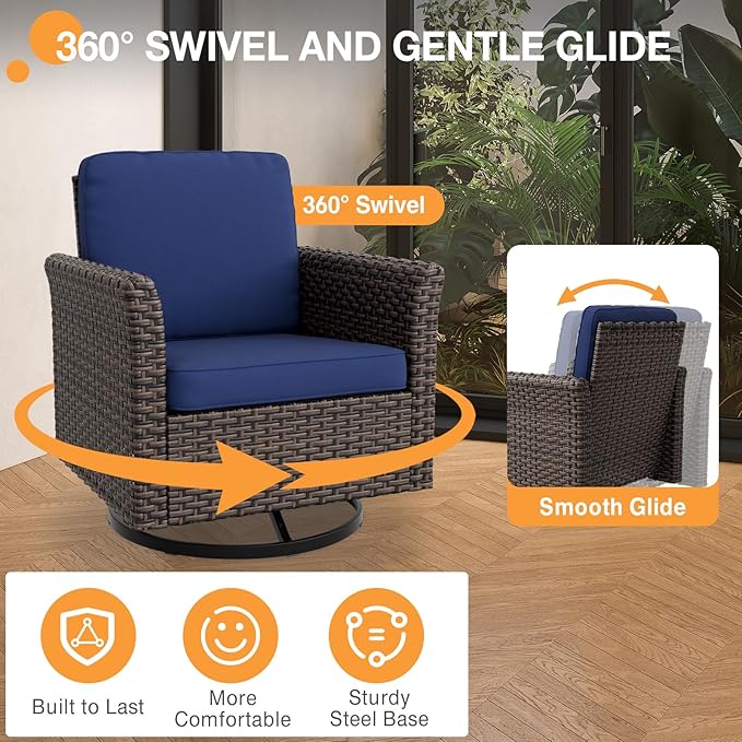 COOS BAY Harbor Retreat 5 Piece Outdoor Furniture Set, Patio Conversation Set with w/Swivel Rocking Chairs, 3 Seat Couch and Ottomans, Wicker Furniture, Brown/Blue