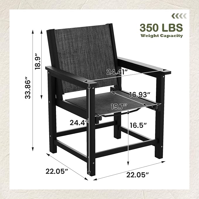 UDPATIO HDPE Dining Chair Set of 2, Heavy Duty Extra-Wide Outdoor Chairs with 360 lb Load Capacity, Easy to Assembly, All-Weather Seating for Patio, Pool, Garden, Backyard,Light-Black