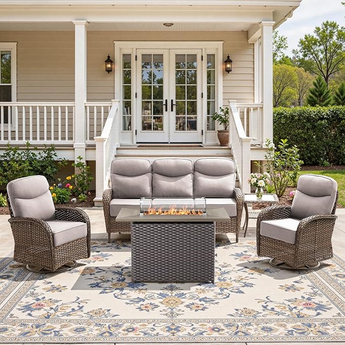 5-Piece Luxury Patio Furniture Set with 6-Inch Thick Cushions, High-Back Outdoor Swivel Rocker Chairs & Wicker 42" Fire Pit, All-Weather Conversation Set for Porch, Deck, Balcony or Backyard – Beige