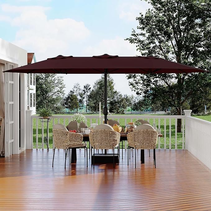 Garvee 15FT Rectangular Outdoor Umbrella Patio Umbrella with Base Included Large Market Umbrellas with Crank Handle UV Protection Table Umbrellas for Outdoor, Backyard, Deck, Poolside, Burgundy