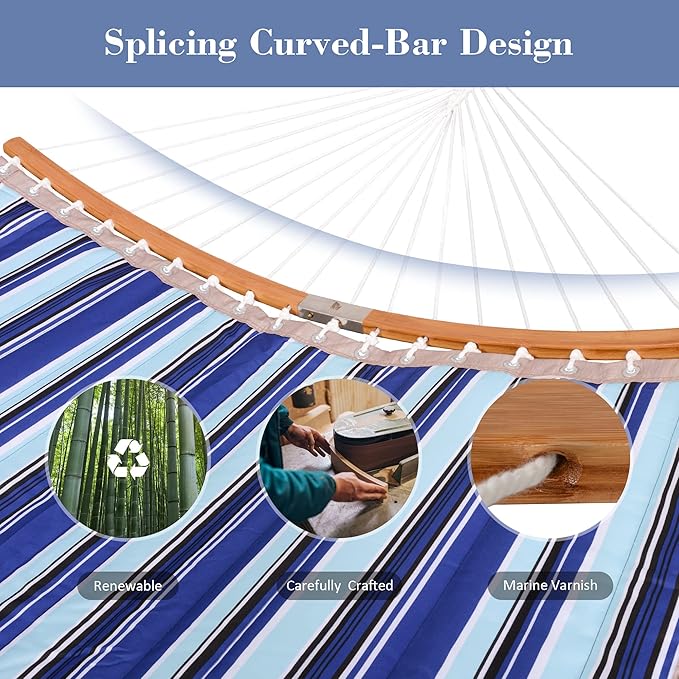 SUNCREAT Hammocks Standing Backyard Hammock with Stand, 2 Person Heavy Duty Hammock with 13.5 ft Wooden Stand, Blue Stripe