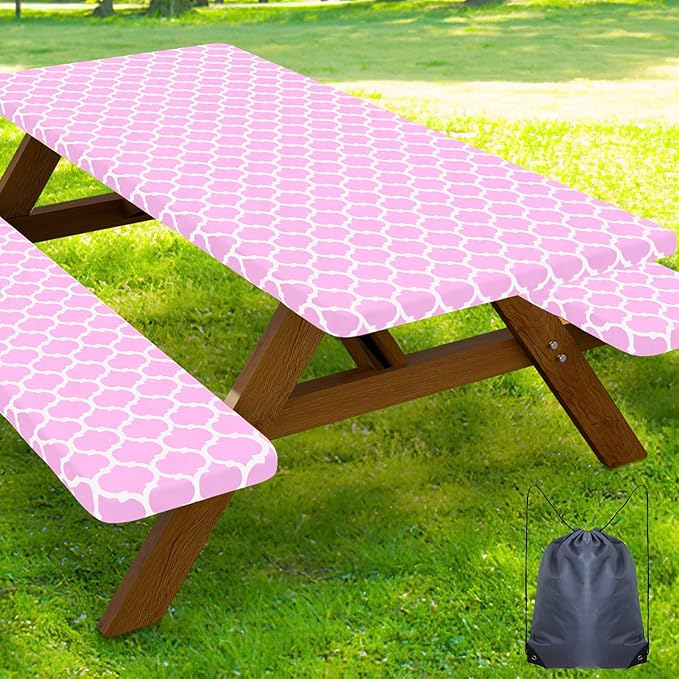 Smiry Picnic Table Cover with Bench Covers, Waterproof Elastic Fitted Tablecloth for 5 Foot Tables, Washable Polyester Tablecloths for Camping, Indoor & Outdoor (Pink, 30x60 Inch 3-pc Set)