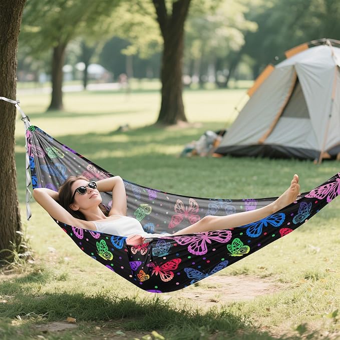 Camping Hammock Outdoor Hammocks for Outside Rainbow Butterfly Black Beach Trees Portable Lightweight with Pockets Tree Straps Indoor