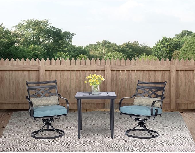 Hanover Montclair 3-Piece Outdoor Bistro Set with 2 Swivel Rocker Chairs with Comfortable Seat and Lumbar Cushions, 27" Square Stamped Rectangle Table, All-Weather Patio Conversation Set
