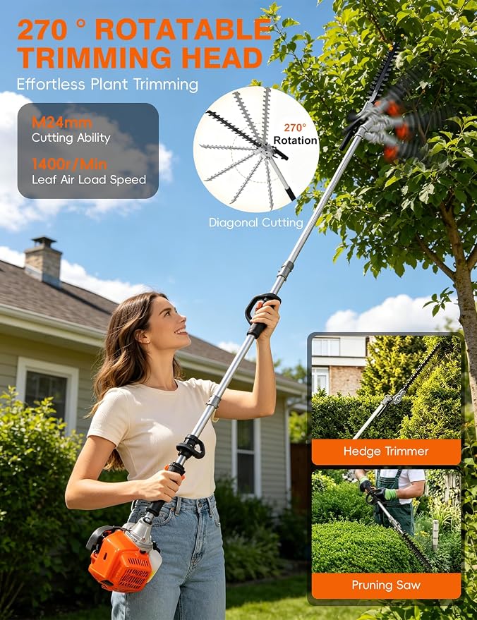 5-in-1 Gas Lawn Mower & Brush Cutter | 52CC 2-Cycle Cordless Trimmer with 43'' Extendable Pole | 2.3KW Weed Wacker, Chainsaw, Edger for Home Yard & Garden Maintenance Orange