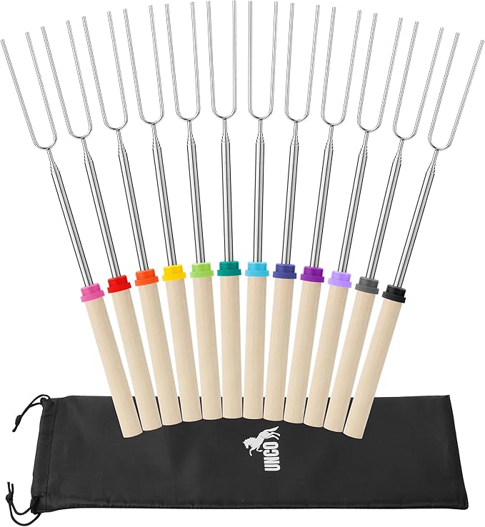 UNCO- Marshmallow Roasting Sticks, 32", 12 Pack, Extendable Stainless Steel Smores Sticks for Fire Pit, Smores Skewers, Campfire Cooking Equipment