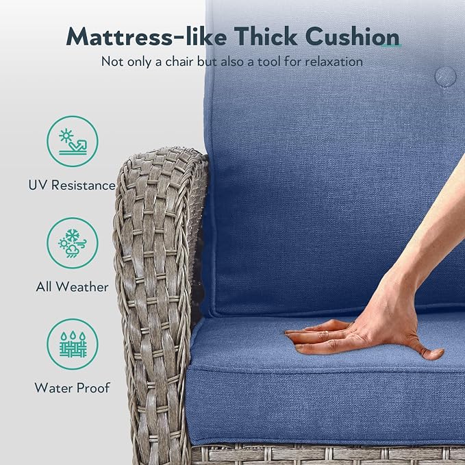 Outdoor Swivel Glider Rocker Chairs - 3 Piece Wicker Patio Furniture Set, All Weather Patio Bistro Sets with Glass Side Table for Balcony Porch Deck Backyard - Grey Wicker Blue Cushion