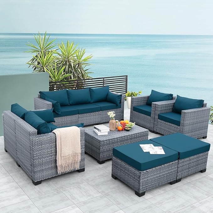 7 Piece Wicker Patio Furniture Sets Outdoor Conversation Set, PE Rattan Sectional Sofa Couch with Storage Table and Non-Slip Peacock Blue Cushions, Furniture Covers Included