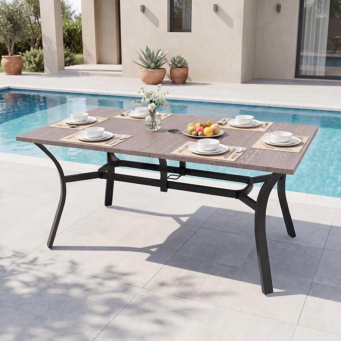 63'' Outdoor Dining Table for 6, Metal Patio Dining Table with 1.97'' Umbrella Hole,Anti-Rust Waterproof Square Table for Porch Deck Poolside Garden Backyard