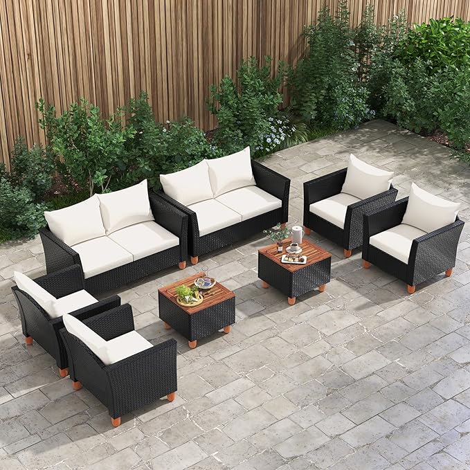 Tangkula 8 Piece Outdoor Conversation Set, Patio Cushioned Chairs w/Storage Coffee Table, Acacia Wood Tabletop & Chair Legs, Patio Wicker Furniture Set for Poolside, Lawn, Porch (2, Off White)