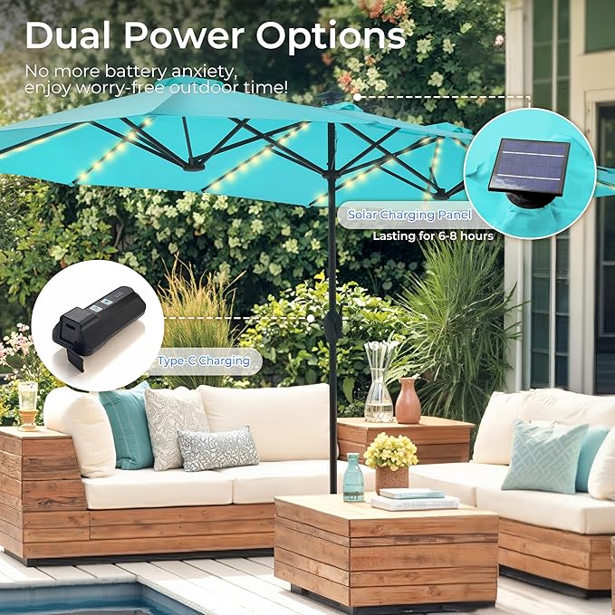 SUPERJARE 13ft Outdoor Patio Umbrella with Solar Lights, Double-sided Deck Pool Umbrella with 1.5 Inch Pole, Fade Resistant Canopy, 12 Sturdy Ribs, for Porch, Market, Backyard, Light Blue(No Base)