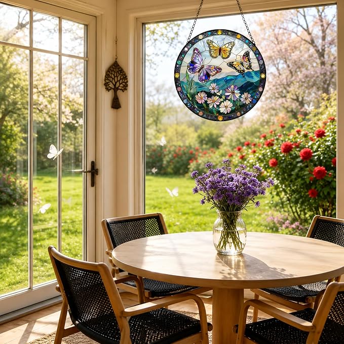 Stained Glass Butterfly Suncatcher Window Hanging Birthday Gifts for Women | 7.8in Garden Sun Catcher, Butterflies Wildflowers Home Decor, Memory Gift for Mom Grandma & Mother's Day, Christmas Ornament