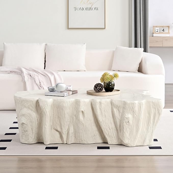48.62'' Irregular Coffee Table Faux Stone Coffee Table for Living Room Modern Concrete Coffee Tables with Cement Live Edge Indoor Outdoor Center Tables No Assembly, Beige