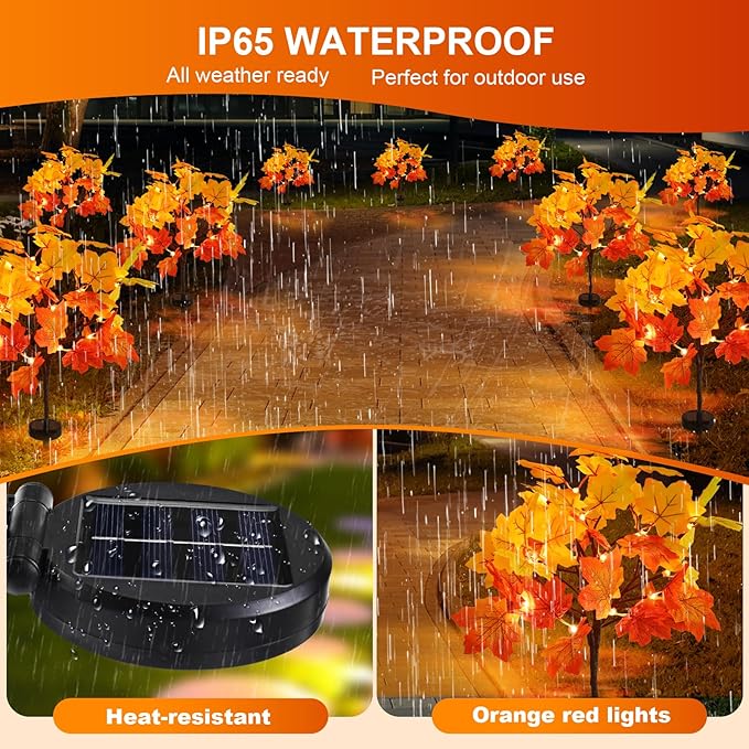 2Pack Fall Solar Lights Outdoor Decorative, Waterproof 40Led Orange Fall Lights with 80 Maple Leaves Path Lights, Solar Lights for Fall Autumn Patio Garden Halloween Thanksgiving Decorations