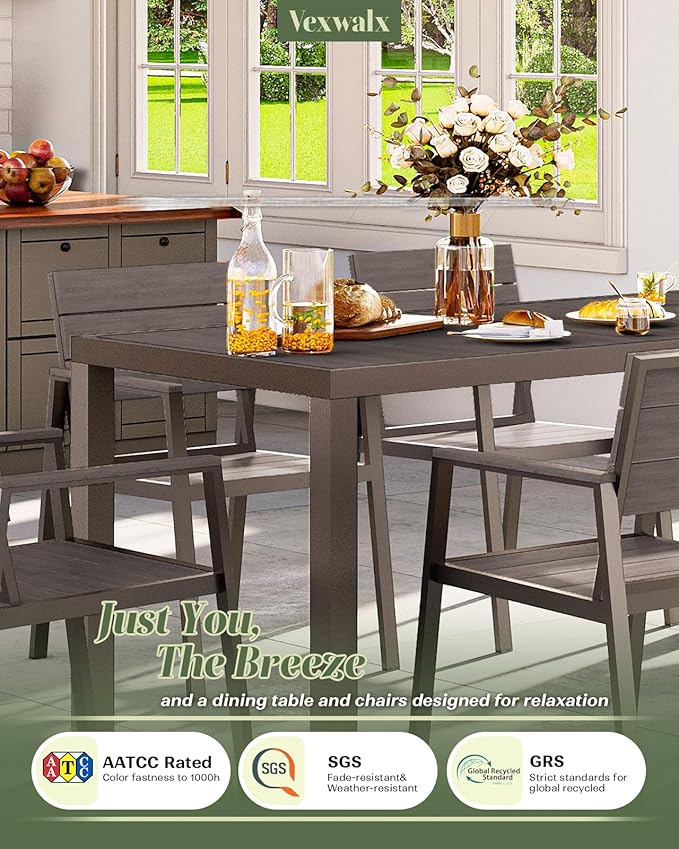 Vexwalx 5-Piece Outdoor Dining Set, Aluminum Dining Table Set for 4, Patio Table and Chairs Set with Umbrella Hole, All Weather HDPS Outdoor Table and Chairs for 4 (Charcoal)