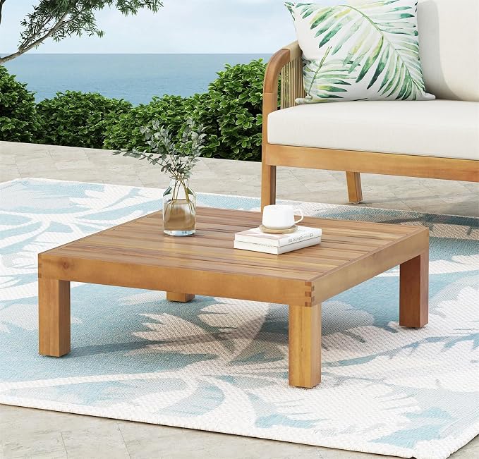 Outside Acacia Wood Coffee Table, Square Outdoor Coffee Table for Patio Lounge, Slatted Tabletop, 29.50 x 29.50 x 10.25 Inch, Teak Color