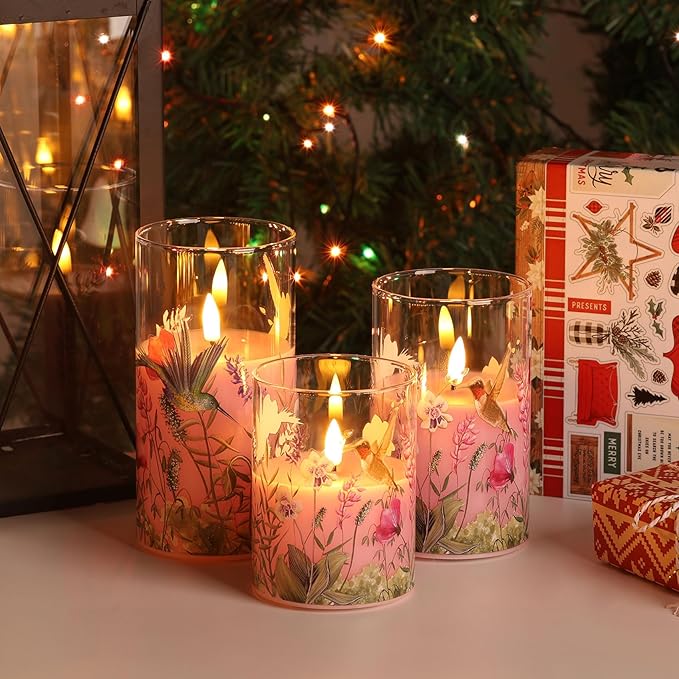 Pink Hummingbird Glass Flameless Candles with Remote, Flickering LED Pillar Candles Battery Operated Set of 3, Spring Home Shelf Decor