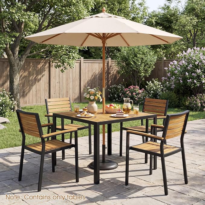 Tangkula 36" Square Patio Dining Table for 4, Acacia Wood Outdoor Table with Slatted Top, 1.97" Umbrella Hole and Heavy Duty Metal Frame, Outside Table for Porch, Garden, Backyard, Deck and Poolside