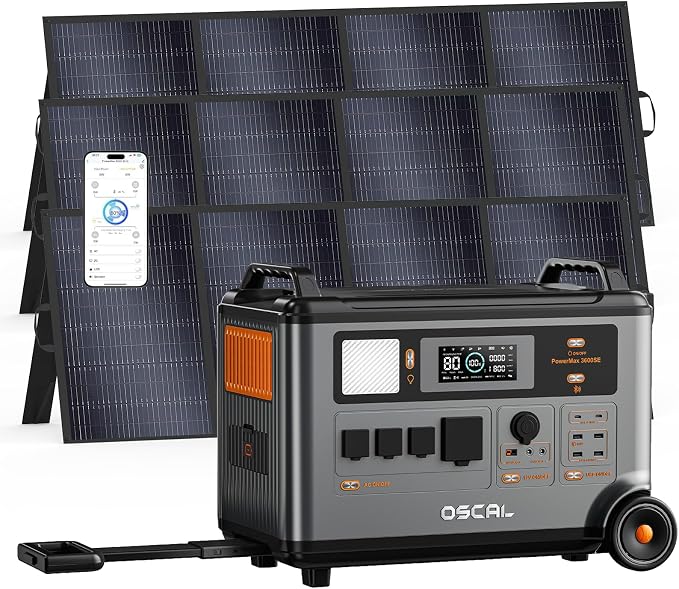 OSCAL 3600W Portable Solar Power Station with 3x400W Solar Panels, PowerMax 3600SE 3600Wh Solar Generator, 1800W AC/ 1600W Solar Fase Charging, LiFePO4 Battery Power Station for Home, RV, Emergencies