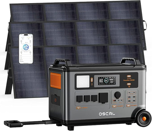 OSCAL 3600W Portable Solar Power Station with 3x400W Solar Panels, PowerMax 3600SE 3600Wh Solar Generator, 1800W AC/ 1600W Solar Fase Charging, LiFePO4 Battery Power Station for Home, RV, Emergencies