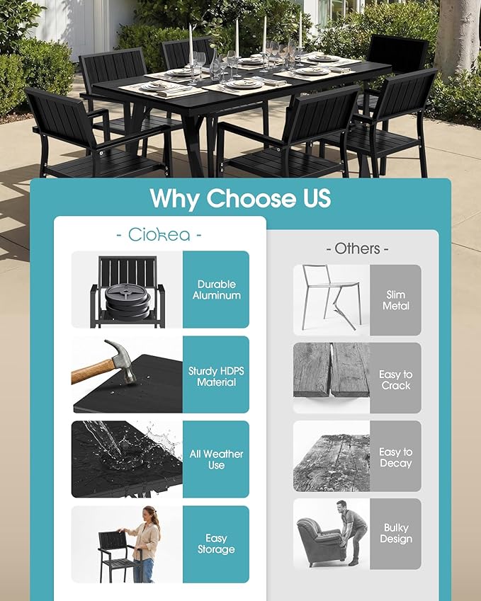 Ciokea Aluminum Patio Dining Chairs Set of 2, Outdoor Stackable Chairs with Wide Seat, All-Weather HDPS Oversized Porch Chair for Backyard, Poolside, Lawn & Garden, Deck | 2-Piece, Black
