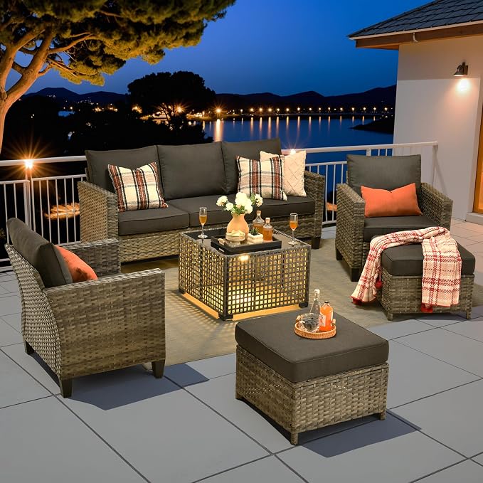 6 Piece Wicker Patio Furniture Set with Solar Table, Black | Outdoor Deep Seating Sofa Chair Ottoman, Solar Lights Table, All Weather Rattan, Modern Conversation Set, Porch Deck Backyard