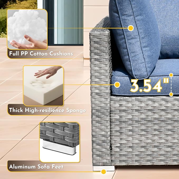 Weaxty 2 Pieces Patio Furniture Sets Corner Seats, Wicker Outdoor Sectional Sofa with Thicken Cushion, Patio Conversation Couch Set for Porch, Balcony,Yard, Poolside, Denim Blue