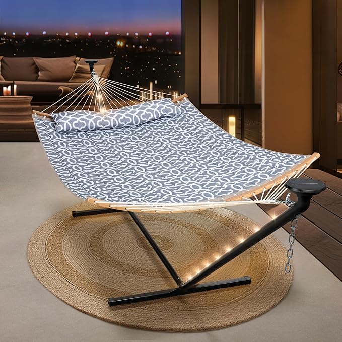 SUNCREAT Double Outdoor Hammock with 12 ft Stand, Solar Powered Lights, 2 Person Hammocks for Outside, Grey