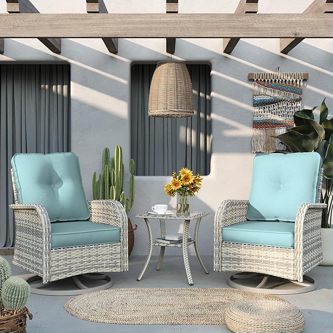 Patio Rocking Swivel Chair Outdoor Wicker Rattan Bistro Set with Tempered Glass Side Table, Outdoor Patio Furniture Set for Garden, Deck, and Balcony, Light Blue