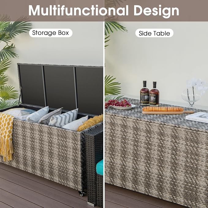 HAPPYGRILL PE Wicker Outdoor Deck Box, 96 Gallon Storage Box with 4 Wheels and Liner, 2-in-1 Multifunctional Storage Box for Patio Furniture Cushions Garden Tools Pool Accessories