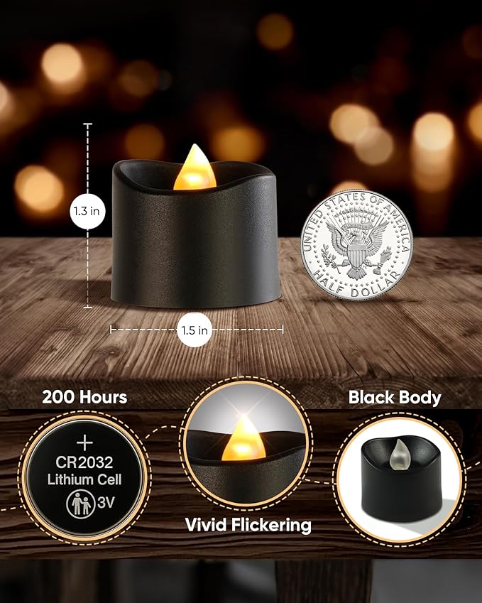 Raycare 24 Pack Black Battery Operated Tea Lights, 200+Hour Electric Flickering Flameless Candles, Realistic Votive LED Tea Lights for Wedding Party Table Christmas Halloween Decorations