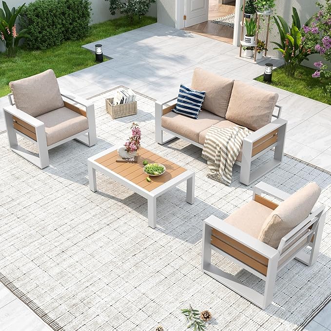 Aoxun Aluminum Patio Furniture Set, 4 Piece Luxury Outdoor Sectional with 6" Olefin Fabric Cushions, Patio Conversation Sets with Coffee Table and Waterproof Cover for Backyard, Porch Beige