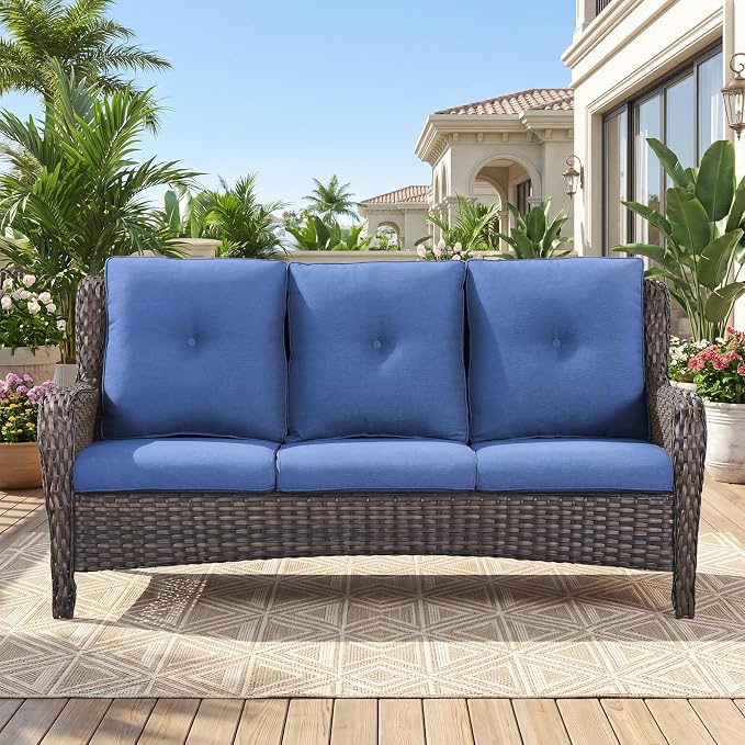 Belord Patio Sofa Luxury PE Wicker 3-Seater Outdoor Couch, Modern All-Weather High Back Deep Seat Woven Furniture Set for Porch, Deck, Balcony, Backyard - Brown/Blue