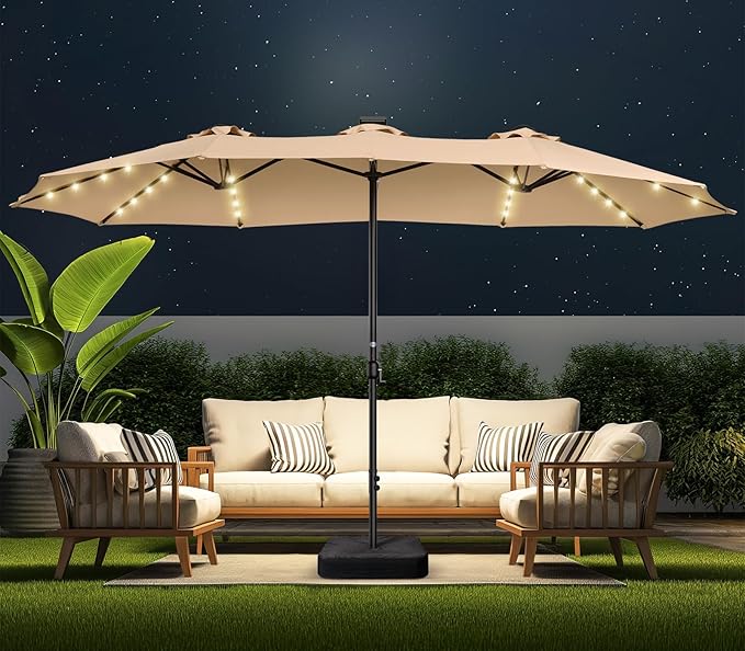 HOMSHADE Double Sided Patio Umbrellas - 15ft Solar Lights LED Lighted Outdoor Extra Large Market Table Umbrella with Base Included, Oversized Umbrella for Deck, Pool, Backyard (Beige)
