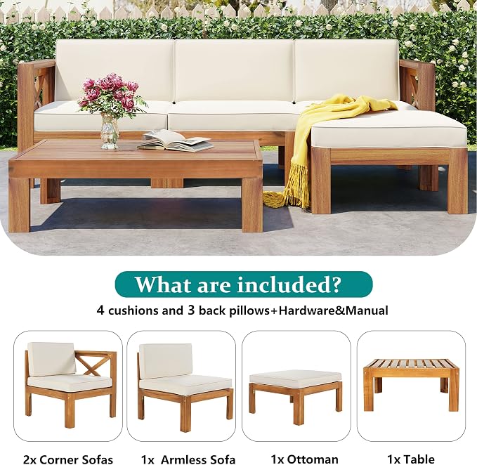 5-Piece Outdoor Backyard Patio Set, Acacia Wood Sectional Sofa Seating Group Set with Tea Table and Cushions, Conversation Furniture Set for Garden Backyard Poolside (Natural Finish+beige cushion 2)