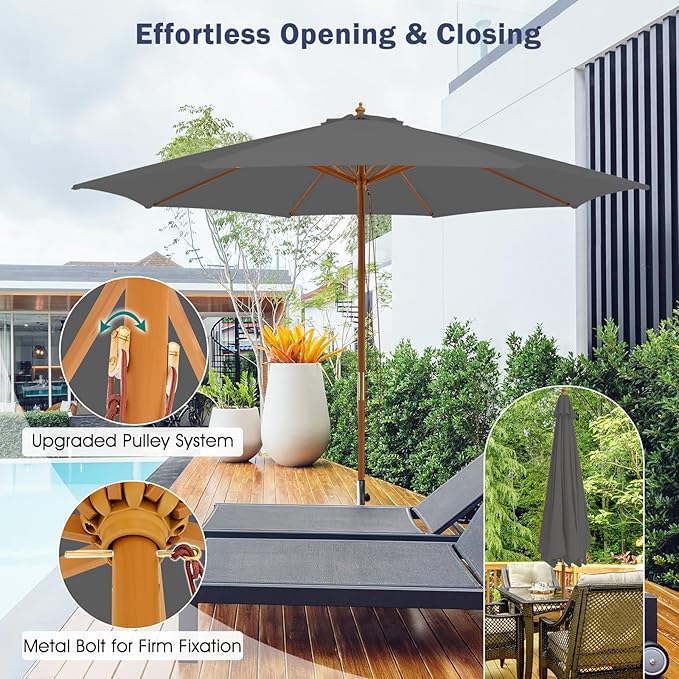 Giantex 10FT Patio Umbrella, Outdoor Table Market Umbrella with 8 Bamboo Ribs, Pulley Lift and Ventilation Hole, Outdoor Sunshade Umbrella for Poolside Backyard Beach