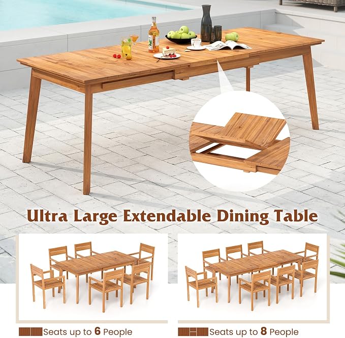 Tangkula 71"-94" Teak Wood Extendable Patio Dining Table for 6-8 People, Large Expandable Outdoor Slatted Table, Rectangular Outdoor Dinner Table for Garden, Lawn, Yard and Poolside