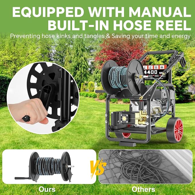 4400PSI Gas Pressure Washer with Hose Reel, 4.5 GPM, Key One-Button Start 420CC 15HP Commercial Pressure Washer with 50FT 3/8" Hose, Spray Gun & Wand, 5 Quick Connect Nozzles
