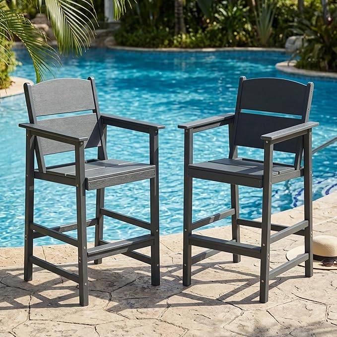 HDPE Outdoor Bar Chairs Set of 2, 28.5" Seat Height Bar Height Patio Stools with Armrest & Back, Heavy Duty All Weather High Top Chairs for Porch/Poolside/Deck, 400lb Capacity, Grey