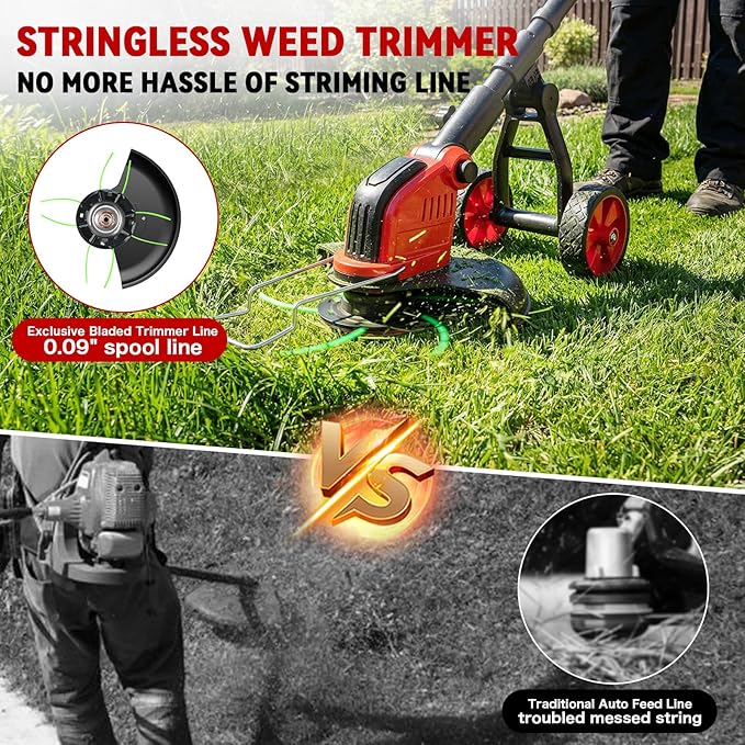 20000 RPM Electric Weed Wacker with Wheel,12″ Brushless Cordless Weed Eater Battery Powered, 4-in-1 Brush Cutter/String Trimmer/Grass Edger Tool/Lawn Mower, Stringless Weed Trimmer,5 Blade,2 Battery