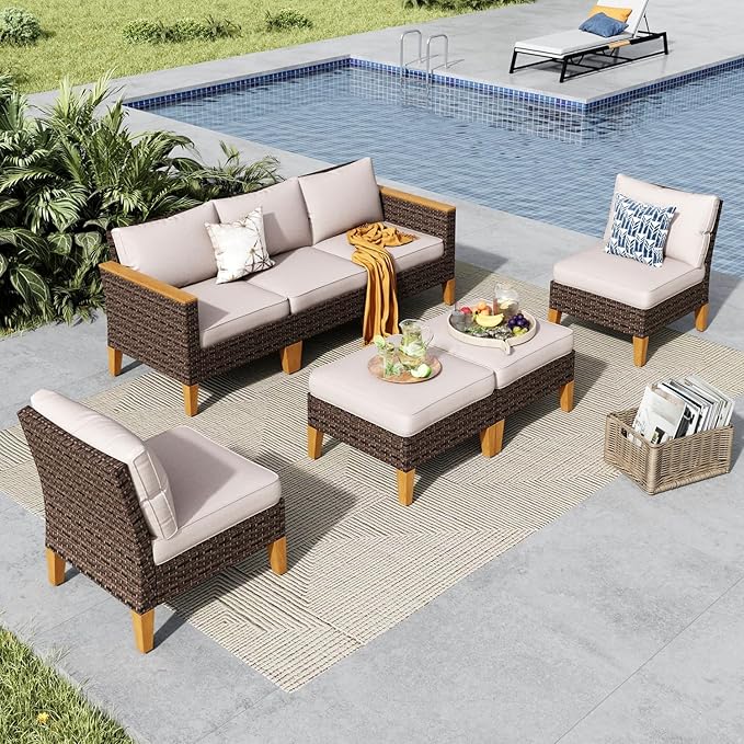 MFSTUDIO 7 Piece Wicker Patio Furniture Set, 2 x Armless Chair, 2 x Ottoman, 3-Seat Sofa, All-Weather Outdoor PE Rattan Patio Conversation Set Sectional Sofa for Garden, Backyard(Beige Cushions)