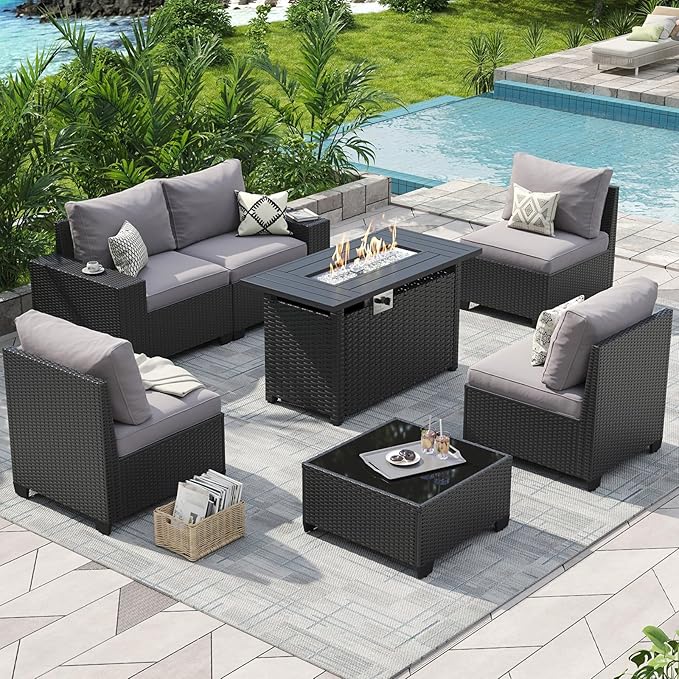 Aoxun Outdoor Patio Furniture Set with 44'' Fire Pit Table, 7 Pcs Outdoor Patio Furniture Sets with 4in Thicken Cushion, Widen Armrests Wicker Outdoor Sectional for Backyard (Gas Converter Include)