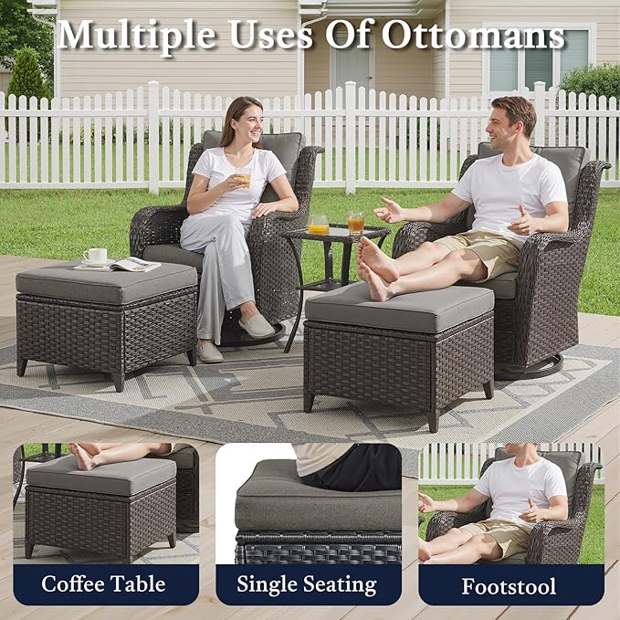 Outdoor Swivel Chairs-Patio Swivel Glider Chairs with Ottomans Outdoor Conversation Set for Deck Balcony Poolside Backyard-Brown/Grey