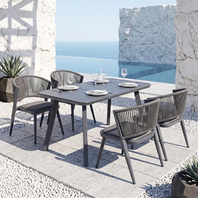 5-Pcs Aluminum Outdoor Dining Set, All-Weather Rattan Patio Furniture Set Include 51.2" Rectangular Table & 4 PE Wicker Chairs with Waterproof Cushions for Balcony Porch Garden or Backyard Deck (Grey)