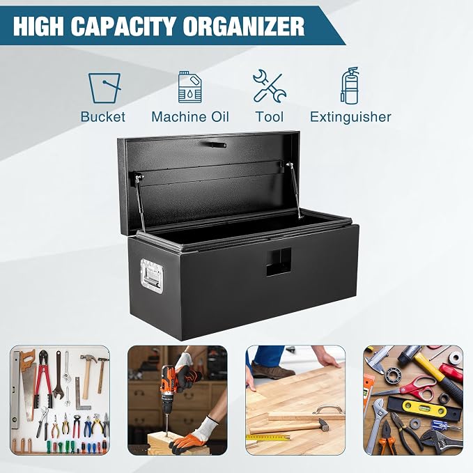 Heavy Duty Steel Truck Toolbox – 76x38x38cm – Gas Shock Lid – t-Handle Lock – Weatherproof Rubber Seal – Secure Underbody Storage Chest – Fits Pickup, Truck Bed, RV, Trailer