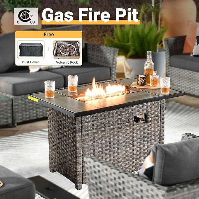 16 Pieces Patio Furniture Conversation Set with 42" Fire Pit Table Rocking Chair Outdoor Sectional Gray Wicker Sofa Set